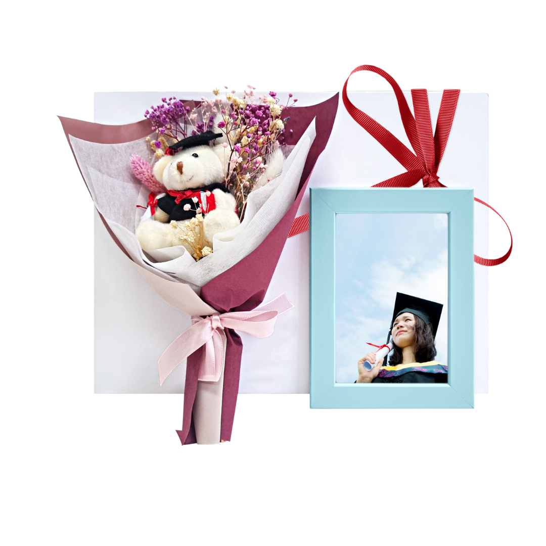 Pink Grad Bear Bouquet & Personalised Photo Frame