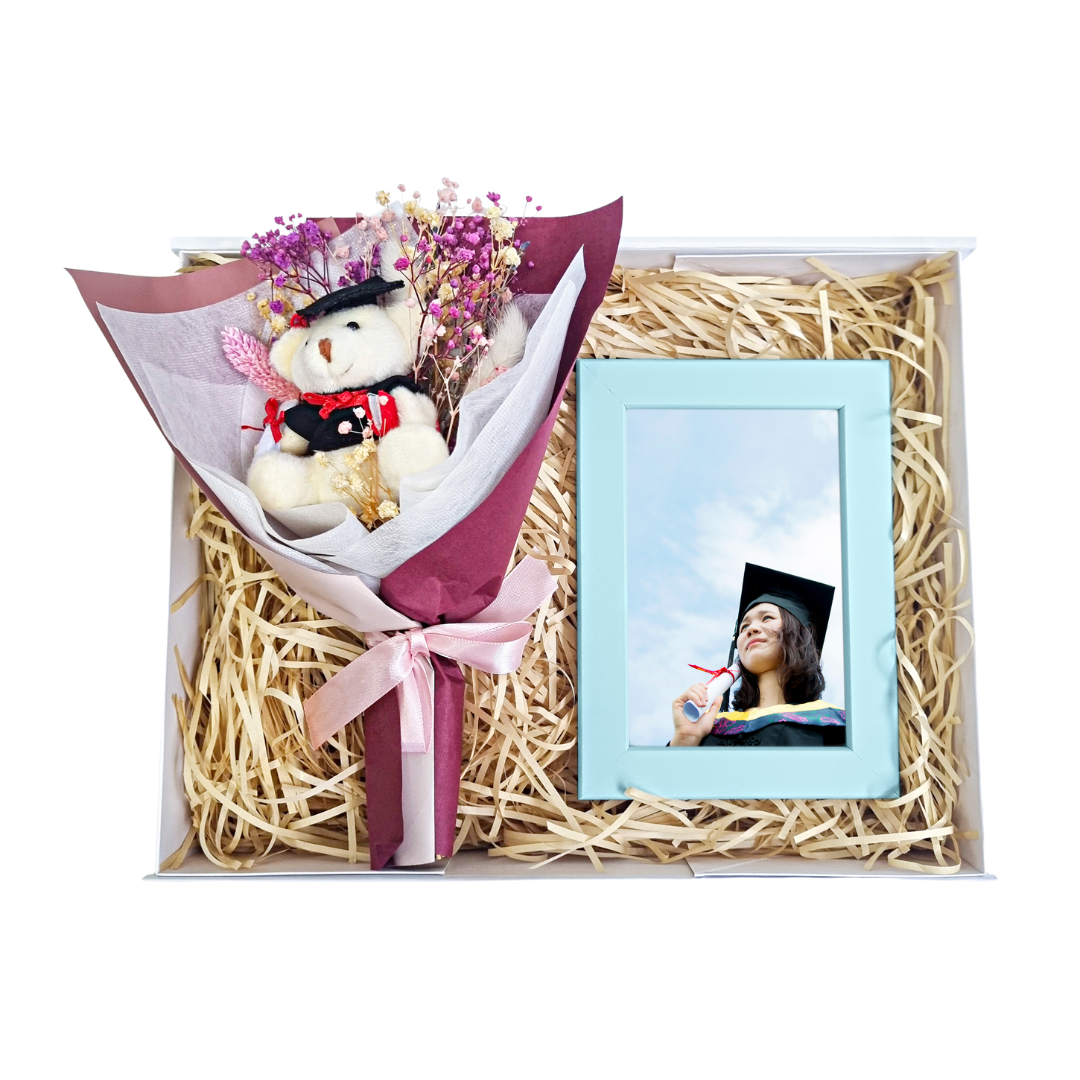 Pink Grad Bear Bouquet & Personalised Photo Frame