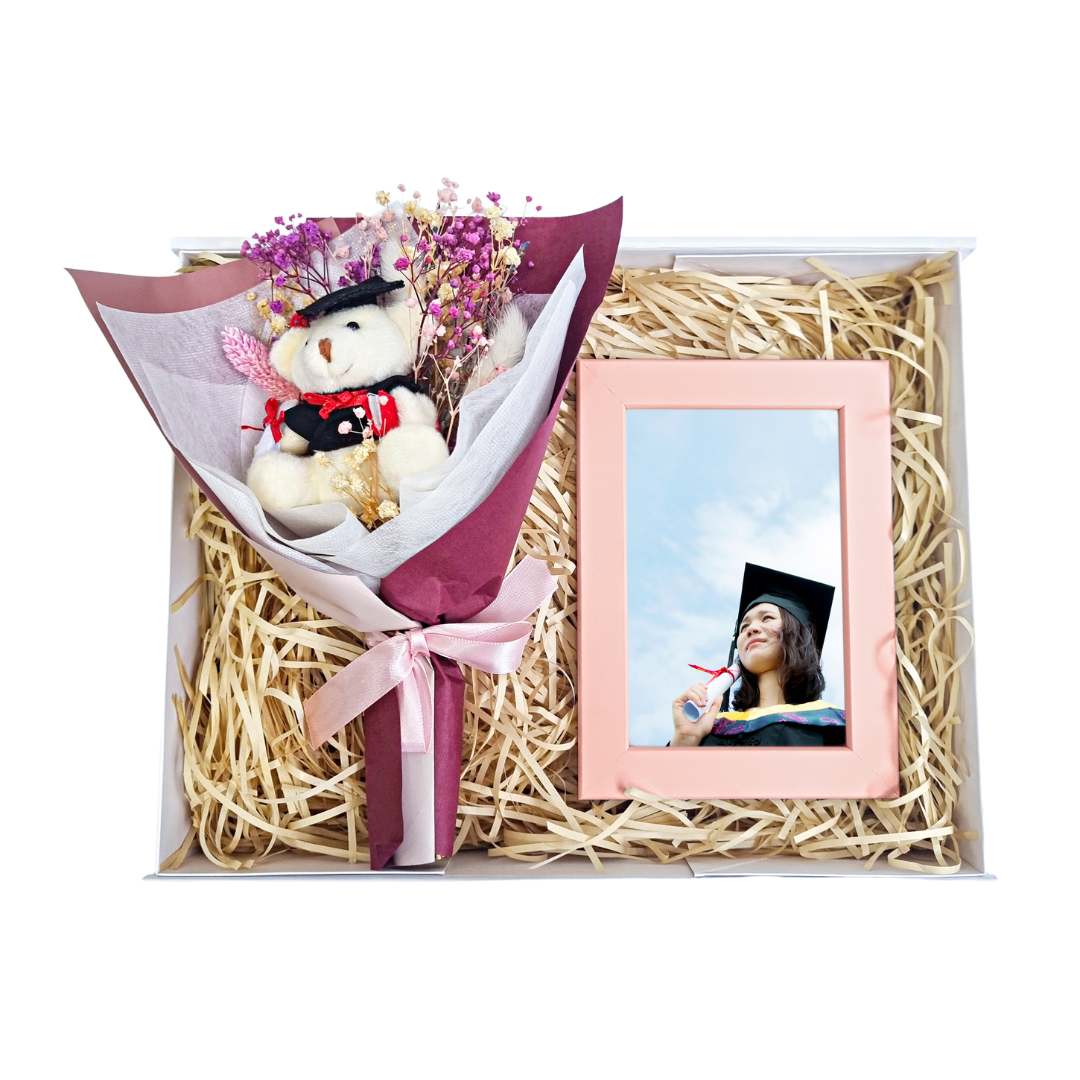 Pink Grad Bear Bouquet & Personalised Photo Frame