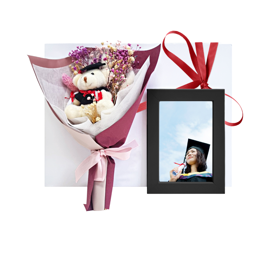 Pink Grad Bear Bouquet & Personalised Photo Frame