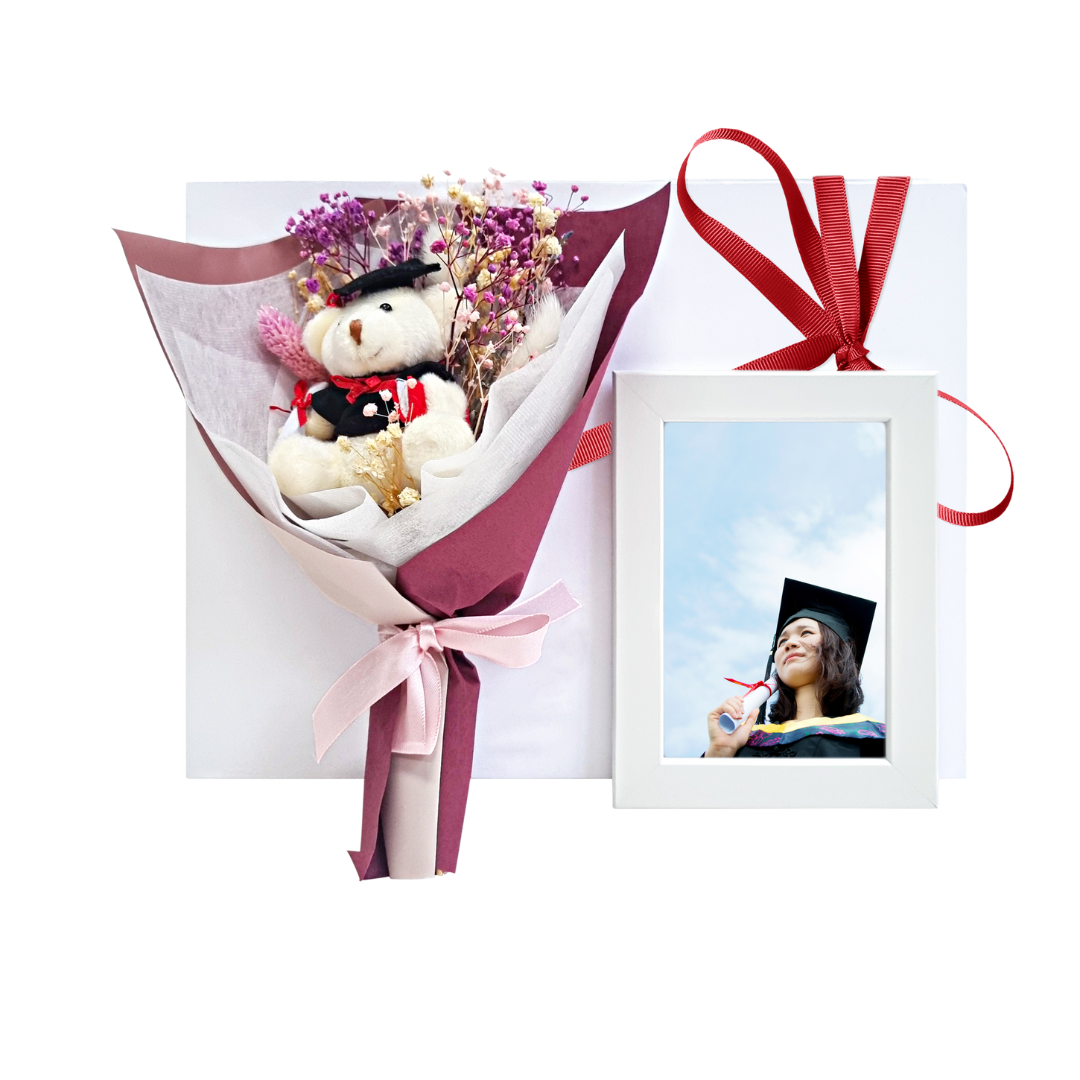Pink Grad Bear Bouquet & Personalised Photo Frame