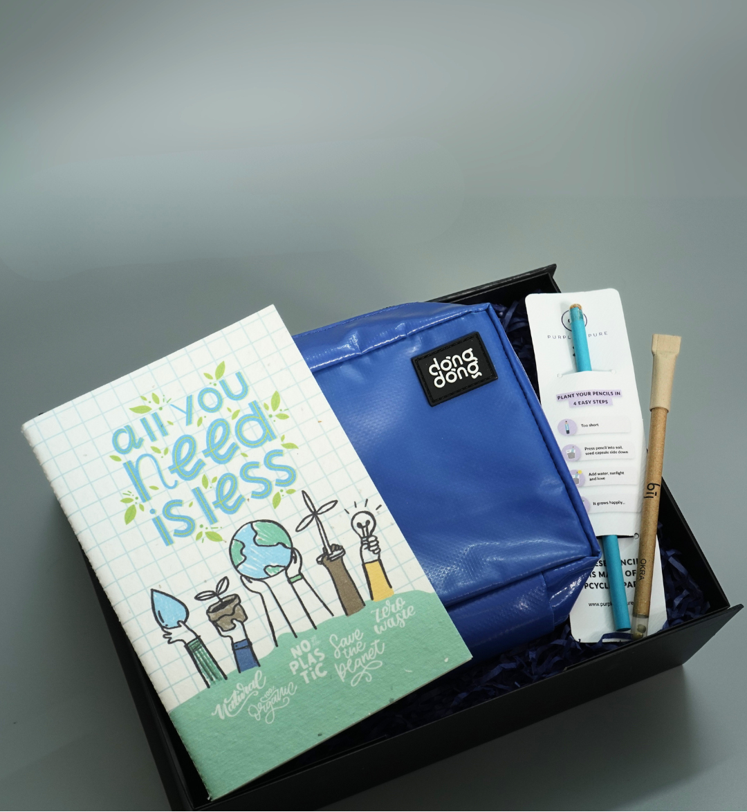 Product set with a book, blue pouch, and other items on a gray background
